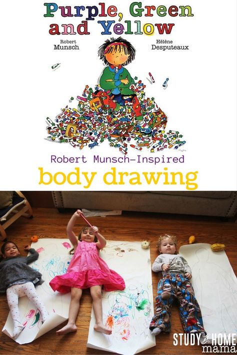 Robert Munsch-Inspired Body Drawings after reading the classic "Purple, Green and Yellow" - let children draw on their bodies! Their body outlines that is. Robert Munsch Books, Fun Activities For Preschoolers, Morning Reading, Robert Munsch, Home Day Care, Montessori Lessons, Body Outline, Drawing Course, Author Studies