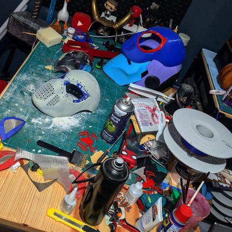 Anyone else's cosplay desk get like this after a while? Time for a spring clean I think... 😂 #workshop #cosplay #cosplayzone #cosplayprop #propmaker #props #spiderman #ironman #cosplayer #desk #hobby #crafts #maker #handson Cosplay Workshop, Spiderman Ironman, Prop Maker, Spring Clean, Cosplay Props, Spring Cleaning, Iron Man, Spiderman, Vision Board