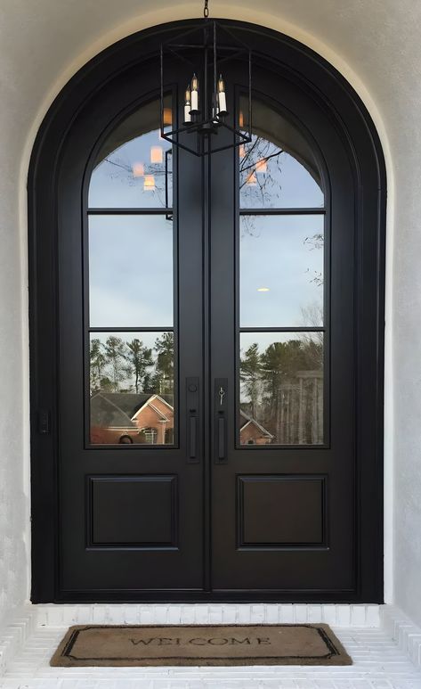 Custom Modern French Arched Double Entry Doors 3 Lite French Door Back Door, Big Double Doors Entrance House, Large Double Front Doors, Arched Double Doors Entrance, Arched Door Ways, Exterior Home Inspiration, Modern French Home Design, Front Door Arched Entry, Oversized Front Doors