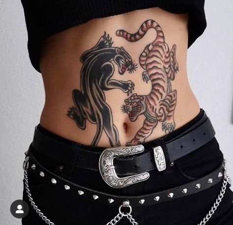 Belly Tattoo Traditional, Pisces Tattoo American Traditional, Lower Belly Hip Tattoo, Stomach Tattoo Cover Up, Stomach Tattoos Design, Tramp Stamp American Traditional, Symmetrical Stomach Tattoo Women, Symmetrical Lower Back Tattoo, American Traditional Tattoos Backpiece