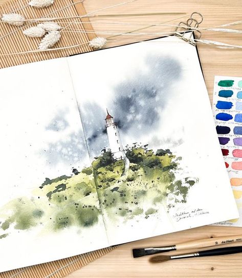 Wet Watercolor Painting, Wet Watercolor, Travel Sketching, Painting Stuff, Water Paint, Watercolor Clouds, Nature Sketch, Watercolor Architecture, Watercolor Sky