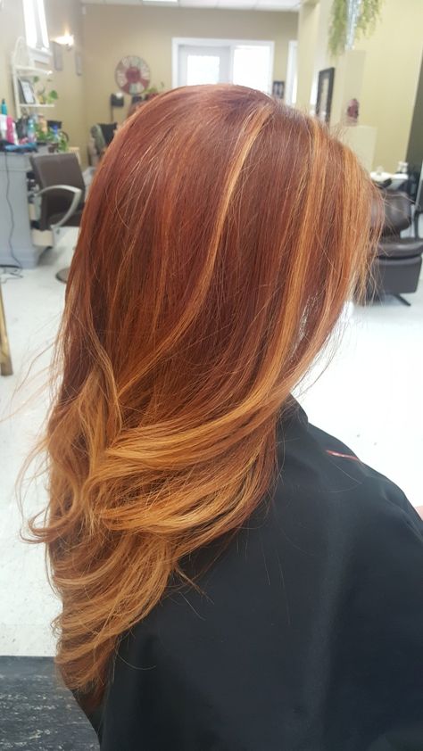 I like this style just the light red be less orangey/yellow and more strawberry blonde Cooper And Blonde Hair, Red And Yellow Hair, Fire Highlights, Orangey Yellow, Light Red Hair, Yellow Hair Color, Red Blonde Hair, Strawberry Blonde Hair Color, Hair Secrets