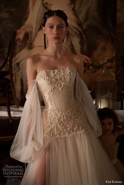 kim kassas couture spring 2023 bridal off shoulder billowy long sleeves semi sweetheart neckline embellished bodice a line wedding dress chapel train (6) zv -- Kim Kassas Spring 2023 Wedding Dresses | Wedding Inspirasi #wedding #weddings #bridal #weddingdress #weddingdresses #bride #fashion #label:KimKassas #season:Spring/Summer #title:OhRomeo #week:252022 #year:2023 ~ Kim Kassas, Detachable Sleeves, Spring 2023, White Dress, Wedding Dresses, Wedding Dress, Dresses