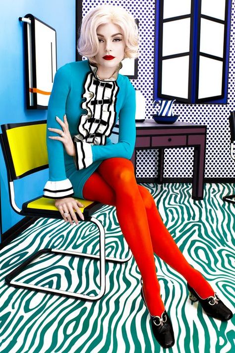 Turquoise, Fashion illustration, Furniture, Fashion design, Leg, Illustration, Electric blue, Sitting, Style, Art, Pop Art Costume, Colored Tights Outfit, Turquoise Fashion, Pop Art Fashion, Art Outfit, Love Street, Fashion Archive, Pants Cute, Roy Lichtenstein