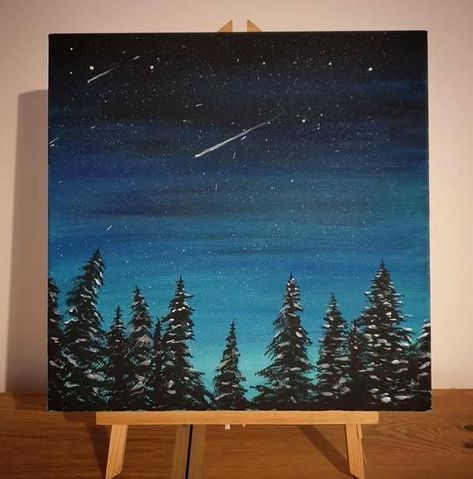 Night Time Starry Sky Forest, Acrylic Painting, Box Canvas, Twilight, Beautiful, 12x12inches, Orginal Painting, Home Decor, Scottish Trees. #schonheit-mode Simple Christmas Acrylic Paintings, Christmas Sky Painting, Forest At Night Painting, Night Time Paintings, Painting A Night Sky, Simple Christmas Paintings On Canvas, Trees Canvas Painting, Sky Painting Acrylic, Forest Acrylic Painting