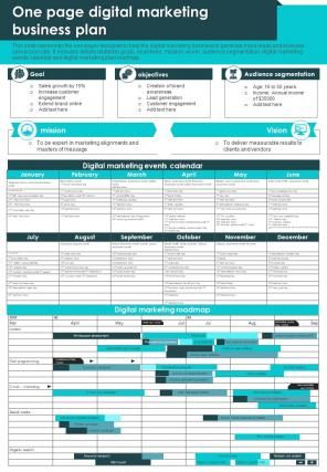 One Pager Digital Marketing Business Plan Presentation Report Infographic Ppt Pdf Document Marketing Plan Outline, Report Infographic, Digital Marketing Plan Template, One Page Business Plan, Marketing Strategy Template, Green Marketing, Marketing Report, Plan Presentation, Business Plan Presentation