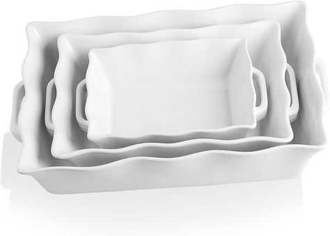 Amazon.com: Sweejar Casserole Dishes for Oven, Ceramic Bakeware Set of 3, Rectangular Baking dish with Handles, Wave Edge Lasagna Pan Deep for Cooking, Cake, Dinner, Banquet and Daily Use (White): Home & Kitchen Ceramic Bakeware Set, Dinner Banquet, Baking Pans Set, Baking Dish Set, Lasagna Pan, Ceramic Bakeware, Kitchen Necessities, Ceramic Baking Dish, Roast Dinner