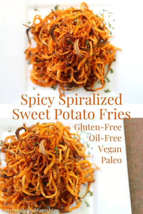 Take your fries to a whole new level. These spicy sweet potato fries are spiralized and baked for the ultimate crispness and seasoned to a spiciness of your liking. Gluten-free, vegan, paleo, and oil-free, these fries will make your summer cookouts a little livelier (and healthier!) and weeknight dinners much more flavorful! #sweetpotatoes #spiralizerrecipes #sweetpotatofries Fries Alternative, Spiralized Sweet Potato Fries, Sweet Potato Spiralizer Recipes, Spicy Sweet Potato Fries, Spiralized Sweet Potato, Plats Weight Watchers, Plat Vegan, Starch Solution, Gluten Free Recipe