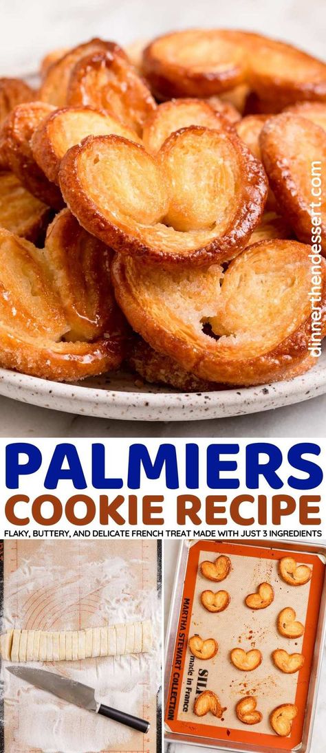 Palmiers are flaky, buttery French cookies, and easier to make than you think! Crispy golden puff pastry layer cookies caramelized with sugar. French Palmier Cookies, Chocolate Palmiers Recipe, Clothes Pin Cookies With Puff Pastry, Puff Pastry Crackers, Desserts Made With Puff Pastry Sheets, Flaky Pastry Recipe Desserts, Puff Pastry Cookies Recipes, Palmers Cookies, Palmiers Recipe Savory