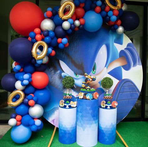 Sonic the Hedgehog Birthday Party Ideas | Photo 4 of 10 Sonic Decoration Party Ideas, Sonic The Hedgehog Photo Booth, Sonic Donut Wall, Sonic Ideas Birthday Parties, Super Sonic Party Ideas, 6 Th Birthday Ideas For Boy, Sonic Birthday Decor, Super Sonic Birthday Party Ideas, Sonic Bday Party