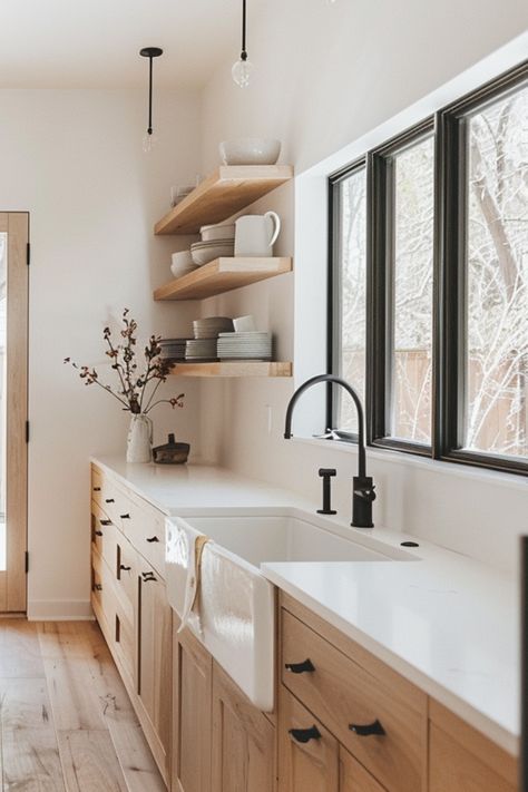 Minimalist Kitchen Sink, Clean Kitchen Design, Kitchen Sink White, Kitchen Sink Ideas, White Kitchen Countertops, Light Wood Kitchens, White Oak Kitchen, Makeover Kitchen, Cabinets Makeover