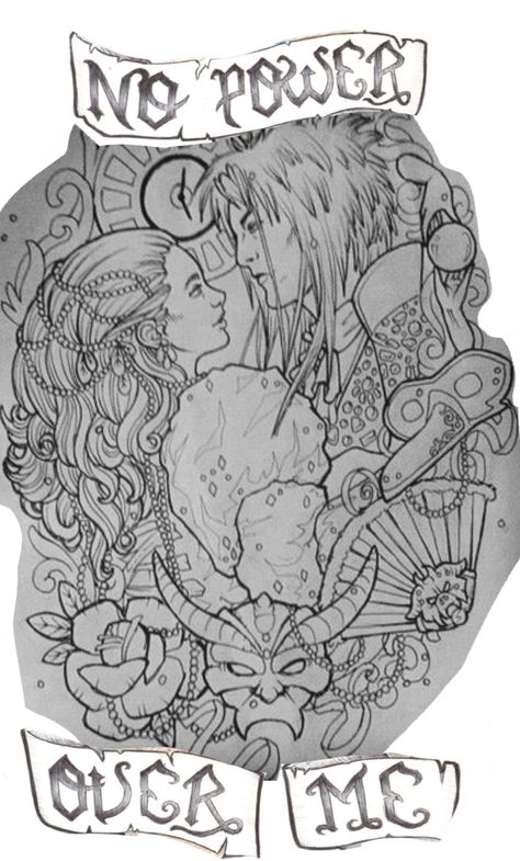 Labyrinth tattoo                                                                                                                                                      More Labyrinth Tattoo Sleeve, Jim Henson Labyrinth Tattoo, Labyrinth Drawing Movie, Goblin King Tattoo, Labrynth Tattoo Labyrinth Movie, Labyrinth Nursery, Labyrinth Tattoo Ideas, Labyrinth Tattoo, David Bowie Labyrinth