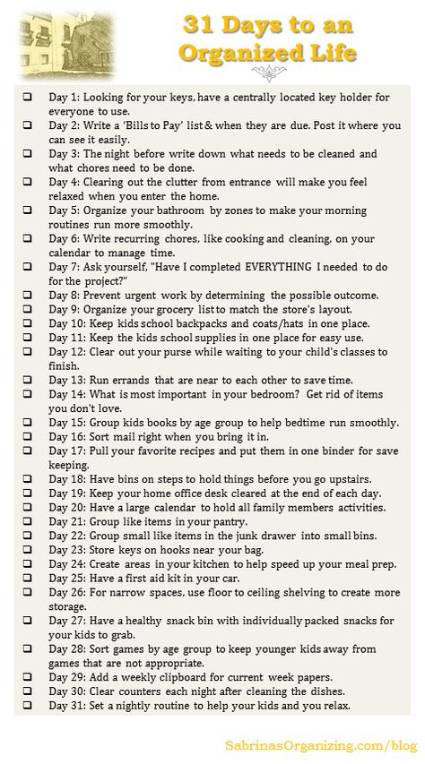 31 days to an organized life by Sabrina's Organizing Getting Your Life Together Checklist, Goal Checklist, To Do List Organization, Life Checklist, How To Stay Organized, Decluttering Ideas, Organizing Challenges, Organization Lists, Organization Skills