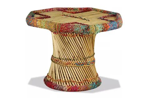 Coffee Table Bamboo with Chindi Details Multicolour - Matt Blatt Octagonal Coffee Table, Central Table, Bamboo Coffee Table, Home Coffee Tables, Coffee Table Desk, Fruit Basket, Accent Furniture, Wabi Sabi, Accent Table