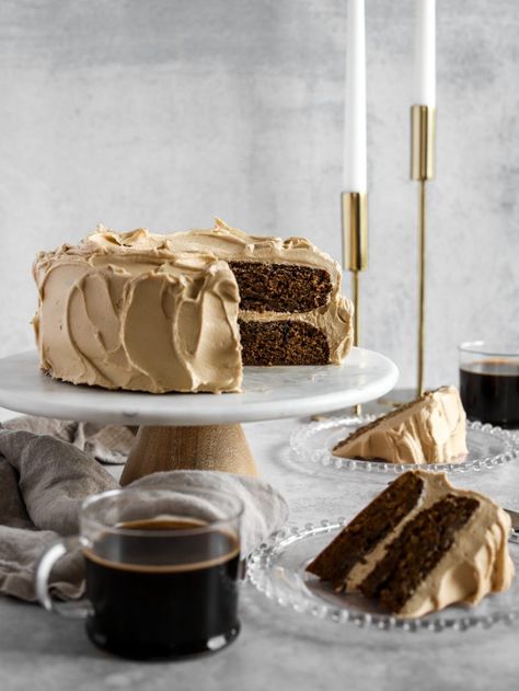 Coffee Banana Layer Cake with Coffee Frosting (dairy-free) | Sugared & Stirred Cake With Coffee Frosting, Banana Layer Cake, Western Cake, Coffee Frosting, Cake With Coffee, Banana Coffee Cakes, Dairy Free Coffee, Coffee Buttercream, Baking Journal