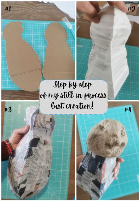 A step-by-step collage is shown with a summary of the first four main steps I use to follow when structuring the figurines. The purpose is to provide a solid base for later adding features with paper mache and paper mache clay. Can you guess what I am doing?" Paper Mache Statue, Diy Paper Mache, Mache Art, Paper Mache Clay, Paper Mache Art, Paper Mache, Diy Paper, Step By Step, The First