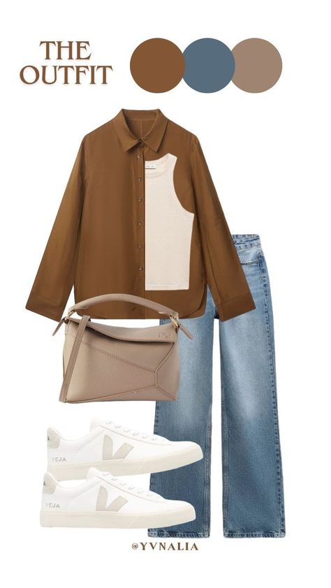 Brown Ideas Outfit, Brown Outfit Ideas, Tan Outfit, Stylish Outfits Casual, Colour Combinations Fashion, Color Combos Outfit, Blue Jean Outfits, Style Hijab, Hijabi Outfits Casual