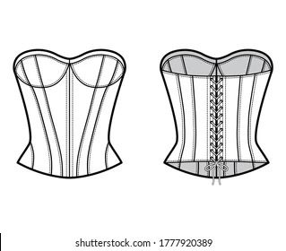 Corset-style top technical fashion illustration with fitted body, scoop strapless neckline, lacing back. Flat blouse apparel template front, back, white color. Women, men unisex CAD mockup 1860s Day Dress, Dress For Body Shape, Costume Design Sketch, Corset Sewing Pattern, Pink Costume, Fashion Drawing Tutorial, Silhouette Template, Corset Pattern, Corset Fashion