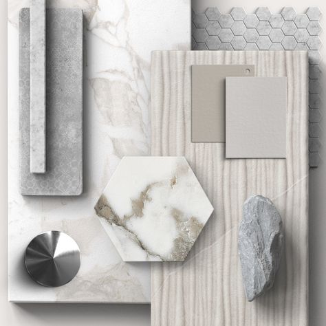 Bathroom Material Board Interior Design, Bathroom Tile Mood Board, Glass Tile Bathroom, Luxury Bathroom Design, Porcelain Tile Bathroom, All White Bathroom, Materials Board Interior Design, Mood Board Interior, Material Board