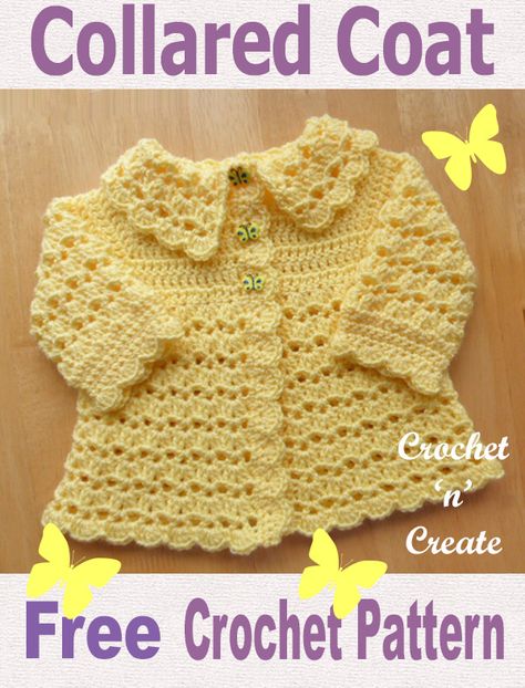 Free baby crochet pattern collared coat, made in V stitch and shells pattern.  #freebabypatterncollredcoat #crochetbabypattern #freecrochetbabysweater #crochetncreate #crochet #howto #crochetpattern #freecrochetpattern #easypattern #freepattern #forbeginners #diy #crafts Beginner Crochet Baby Projects, Free Baby Sweater Crochet Patterns, Easy Crochet Sweaters For Beginners, Jaket Crochet, Crochet Coat Pattern, Coat Crochet, Angel Top, Crochet Baby Sweater Pattern, Crochet Baby Jacket