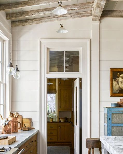 Historical Concepts, Transom Windows, Dutch Door, Brick Flooring, Glass Ceiling Lights, Old Farmhouse, French Farmhouse, Ship Lap Walls, Historic Homes