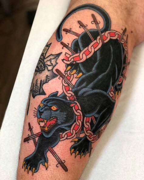 Giuseppe Messina on Instagram: “COVER UP panther drawn on for my friend @manuel358 💪❤️💪 lines and half of shadings healed, the rest is fresh! SWIPE to see the freehand and…” Panther Tattoo Meaning, Panther Tattoos, Traditional Panther Tattoo, Black Panther Tattoo, Panther Tattoo, Devil Tattoo, Cartoon Character Tattoos, Different Tattoos, Calf Tattoo