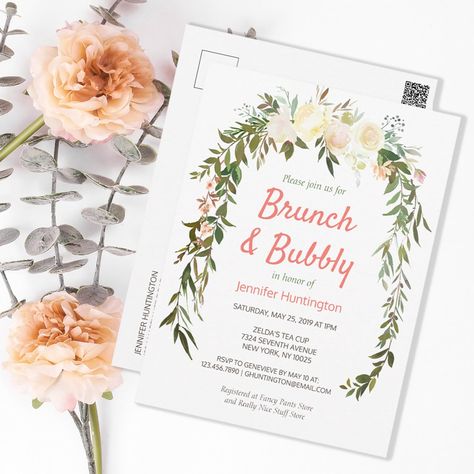 Brunch & Bubbly Bridal Shower Boho Invitation Postcard | #floral #boho #bridalbrunchinvitation #bridalshowerbrunchinvitation #brunch #bubbly #coral #bridalshowerinvitation #bridalshowerinvitationpostcard #bridalbrunchpostcard Peach Brunch, Boho Floral Bouquet, Bridal Shower Boho, Wedding Shower Brunch, Bridal Shower Brunch Invitations, Brunch Bubbly, Bridal Brunch Invitations, Boho Invitations, Brunch Invitations