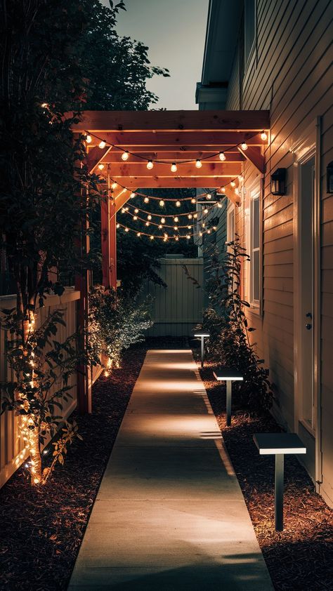 Narrow Side Yard Ideas💖💖 Outside Hallway Garden Ideas, Side Yard Pergola Walkway, Narrow Space Garden, Outdoor Side Yard Ideas, Side Yard Patio Seating Areas, Side House Walkway Landscaping Ideas, Very Narrow Garden Ideas, House Side Alley Ideas, Side Yards Ideas Between Houses