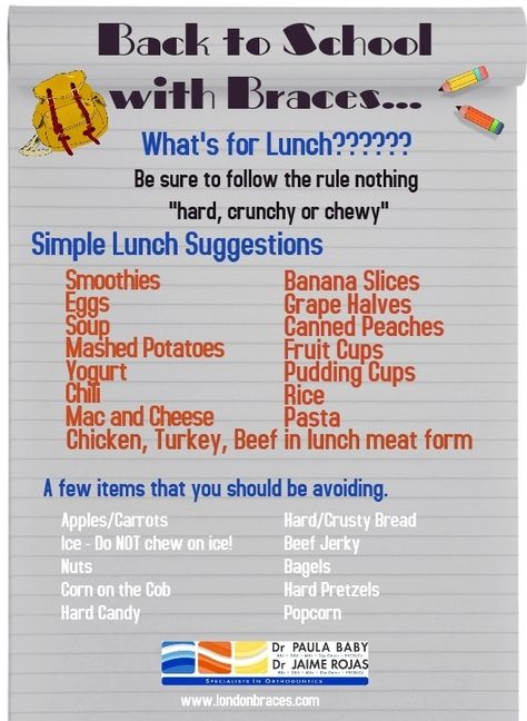 Back to School with Braces... What's for lunch??? #backtoschoolwithbraces #londonontarioorthodontist Braces Hacks For School, Lunch Ideas For Braces, Braces Tips For School, Braces Diet, Food For Braces, Palate Expander, Braces Problems, Braces Friendly Recipes, Invisible Teeth Braces