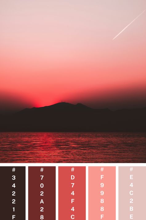 A serene sunset scene with a gradient of pinks and reds spreading across the sky and reflecting on the water, featuring a silhouetted mountain, creating a soft pink color palette. Soft Pink Color Palette, Color Scheme Generator, Sunset Color Palette, Sunset Gradient, Pink Color Palette, Hex Color, Hex Color Palette, Color Palette Pink, Soft Pink Color