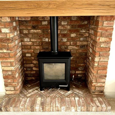 Brick Fire Harth, Brick Slips Fireplace Log Burner, Herringbone Brick Hearth, Herringbone Hearth Fireplace, Brickslip Fireplace, Log Burner Hearth, Reclaimed Brick Fireplace, Stove Brick Surround, Red Brick Hearth