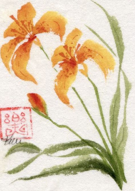 Tiger Lily Watercolor, Lily Watercolor, Lilies Drawing, Tiger Lilies, Watercolor Tiger, Chinese Art Painting, Lily Painting, Day Lilies, Chinese Brush Painting