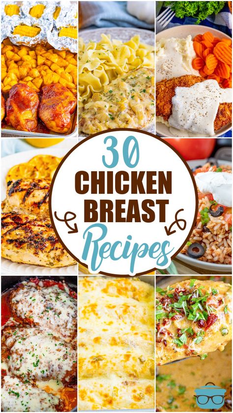 Collage of 9 photos showing chicken breast images with text in the center that says "30 Chicken Breast Recipes". Crockpot Chicken Parmesan, Cajun Fries, Simple Family Meals, Recipe Using Chicken, Hearty Dinner Recipes, Easy Chicken Breast, Cornish Hens, Chicken Breast Recipes Easy, Cooking Chicken