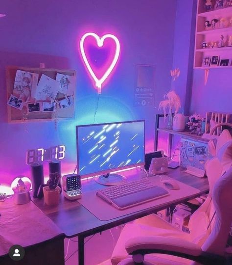 Gaming Desk Setup, Kawaii Bedroom, Pink Games, Otaku Room, Gamer Room Decor, Video Game Room Design, Neon Room, Bedroom Setup, Gaming Room Setup