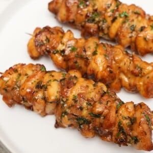 Air Fryer Chicken Skewers - CJ Eats Recipes Chicken Thigh Skewers Air Fryer, Airfryer Chicken Skewers, Chicken Spiedini Air Fryer, Cj Eats Recipes, Chicken Skewers In Air Fryer, Cj Eats, Garlic Herb Butter, Bamboo Skewers, Skinless Chicken Thighs