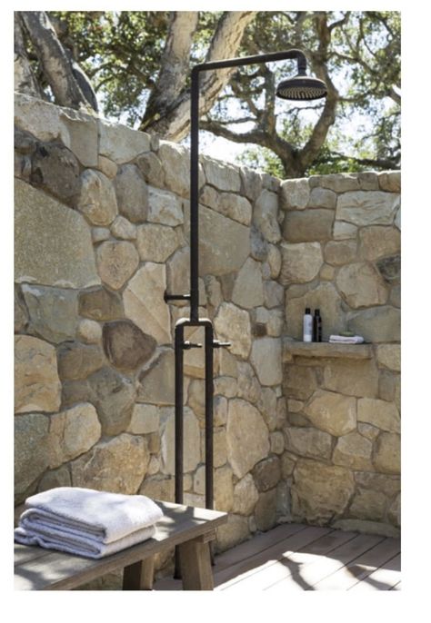 William Hefner, Outdoor Shower Ideas, Landscape Furniture, Stone Shower, Garden Shower, Lazy River, Outdoor Bath, Outdoor Stone, Outdoor Bathrooms