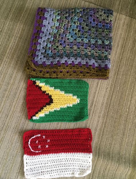 Crochet flag of Singapore and Guyana and a purple crochet blanket Purple Crochet Blanket, Flag Of Singapore, Crochet Flag, Singapore Flag, Guyana Flag, Crochet Leaf Patterns, Purple Crochet, Blog Names, Crochet Leaves