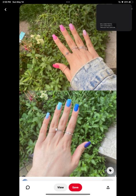 Gradient Summer Nails, Half Pink Half Blue Nails, Summer Nails Blue And Pink, Multi Blue Nails, Pink And Blue Nails Short, Pink And Blue Nails Gender Reveal, Hot Pink And Blue Nails, Gender Reveal Nails Ideas Acrylic, Gender Nails