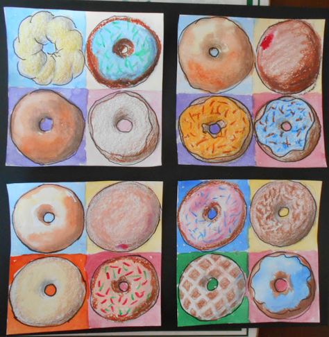 Wayne Thiebaud inspired. Form, shading, texture. Experiment with different media. Doughnut Art, Donut Art, 7th Grade Art, 8th Grade Art, Middle School Art Projects, Art Lessons Middle School, 2nd Grade Art, Wayne Thiebaud, 6th Grade Art