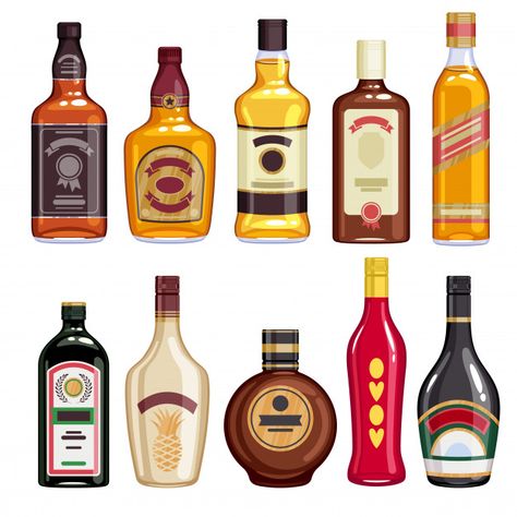 Whisky and liquor bottles icons set. Pre... | Premium Vector #Freepik #vector #restaurant #icons #bottle #flat Liqour Bottles, Beer Illustration, Japanese Hotel, Bottle Drawing, Pub Decor, Drink Containers, Beer Company, Alcohol Bottles, Food Painting