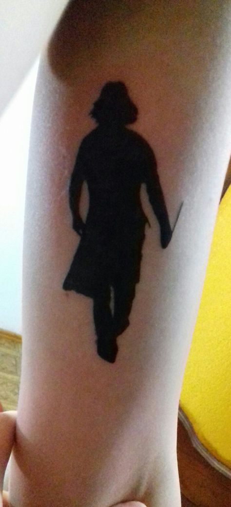 Severus Snape silhouette blackwork tattoo Severus Snape Tattoo Ideas, Severus Snape Silhouette, Snape Tattoo Ideas, Snape Silhouette, Snape Tattoo, Severus Snape Tattoo, Always Tattoo, Hp Tattoo, Tattoo Time