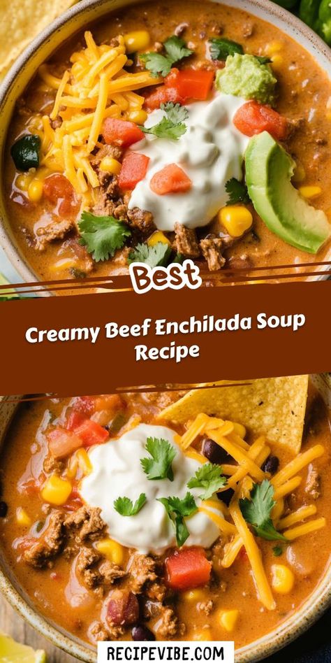 Looking for a comforting dish that’s bursting with flavor? This Creamy Beef Enchilada Soup Recipe is the perfect blend of ground beef, spices, and creamy goodness! Enjoy a hearty meal that the whole family will love. Save this recipe for your next cozy night in! Beef Enchilada Soup, Best Beef Enchilada Recipe, Beef Spices, Cream Cheese Enchiladas, Creamy Enchilada, Enchilada Soup Recipe, Beef Enchilada Recipe, Ground Beef Enchiladas, Beef Enchilada