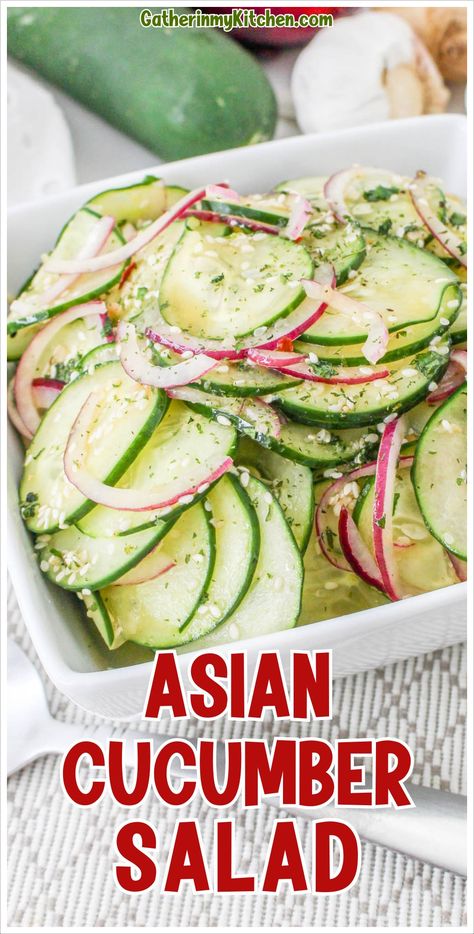 Experience the crunch and zest of the Easy Asian Cucumber Salad! This quick recipe is your ticket to a delicious, health-conscious meal, featuring crisp cucumbers, sesame oil, and rice vinegar, garnished with fresh herbs. It’s a simple salad that packs a flavorful punch. Recipes With Rice Vinegar, Easy Asian Cucumber Salad, Asian Cucumber Salad Recipe, Cucumber Salad Vinegar, German Cucumber Salad, Asian Salad Recipe, Easy Cucumber Salad, Asian Seasoning, Cucumber Dill Salad