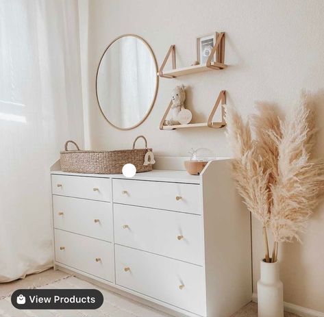 Hauga Ikea Dresser Nursery, Neutral Nursery Dresser Decor, Hauga Ikea Bedroom Ideas, Ikea Hauga Baby Room, White And Beige Nursery Ideas, Ikea Hauga Nursery, Circle Mirror Nursery, Ikea Dresser In Nursery, Mirror Above Nursery Dresser