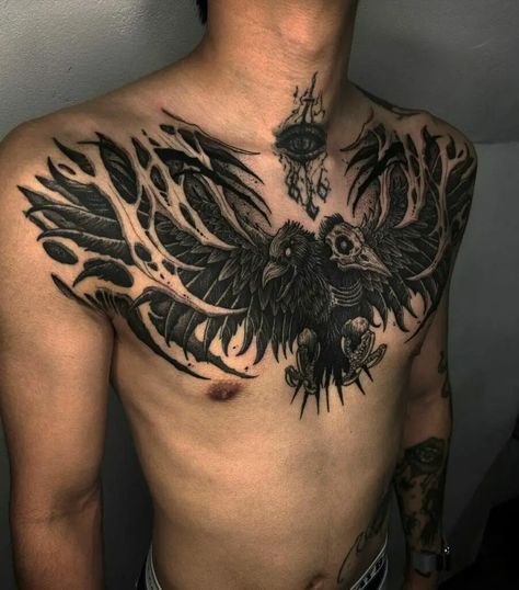 Crow Tattoo Neck Men, 2 Headed Crow Tattoo, Crow Tattoo On Chest, Crow Tattoo On Shoulder, Blackwork Crow Tattoo, Crow Tattoos Men, Crow Chest Tattoo For Men, Crow Tattoo Cover Up, Two Headed Crow Tattoo