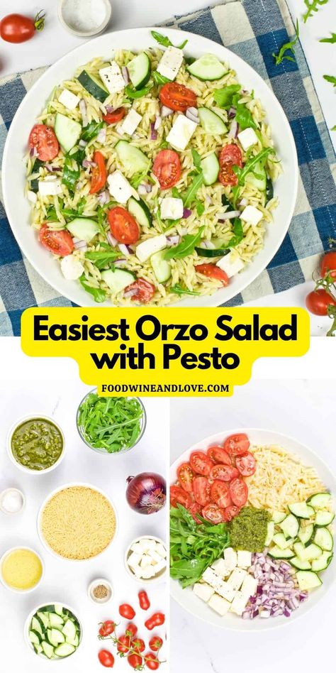 Easiest Orzo Salad with Pesto, a simple and delicious recipe idea made with cucumbers and tomatoes. Mediterranean diet, Vegetarian, Vegan. Mediterranean Diet Vegetarian, Mediterranean Diet Vegan, Orzo Pesto, Pesto Salad Recipes, Vegan Orzo, Vegetarian Minestrone Soup, Salad Mediterranean, Cucumbers And Tomatoes, Salad Vegetarian