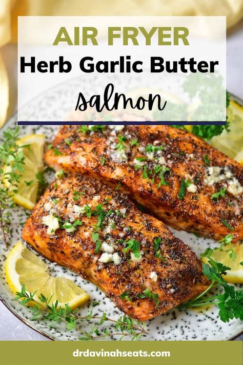 These keto-friendly air fryer salmon fillets are seasoned with herbs and spices, coated with garlic butter, and take less than 10 minutes to make. Salmon In Air Fryer, Salmon Fillet Recipes, Herb Salmon, Lemon Butter Salmon, Air Fryer Garlic, Lemon Garlic Salmon, Air Fryer Salmon, Keto Salmon, Keto Air Fryer