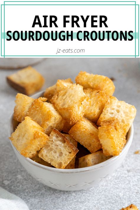 air fryer croutons in a bowl Air Fryer Croutons, Leftover Bread Recipes, Savory Soup Recipes, Croutons Recipe, Savory Bread Recipe, Grilled Cheese Croutons, Crouton Recipes, Cheese Croutons, Favorite Soups