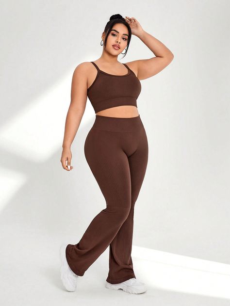 Plus Size Solid Color Bra And Long Pants Sportswear SetI discovered amazing products on SHEIN.com, come check them out! Yoga Outfit Plus Size, Yoga Pants Outfit Plus Size, Plus Size Active Wear, Pants Embellished, Lounge Clothes, Brown Plain, Outfit Plus Size, Plain Pants, Lounge Outfit