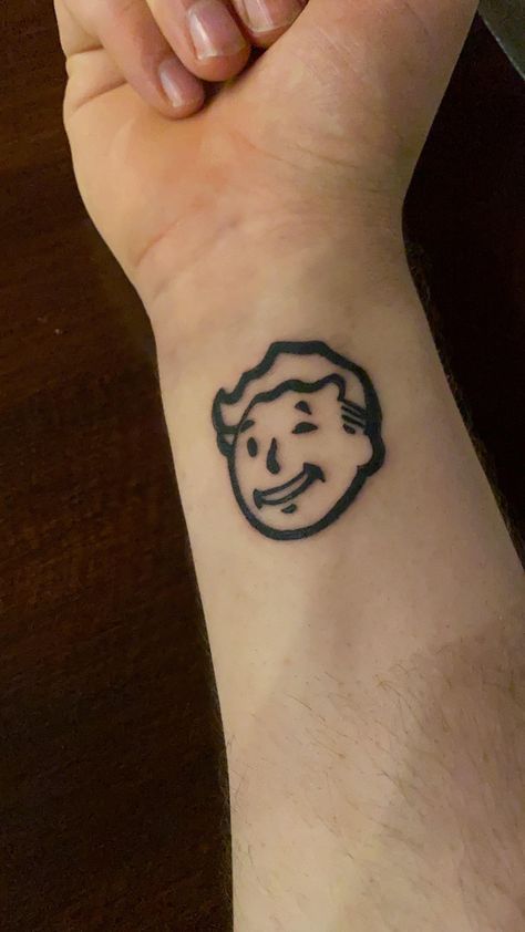 Fallout Tattoo Design, Small Gaming Tattoo, Left 4 Dead Tattoo, Gamer Tattoos Men, Fallout New Vegas Tattoo, Fallout Tattoo Ideas, Fallout 4 Tattoos, Borderlands Tattoo, Silly Tattoos